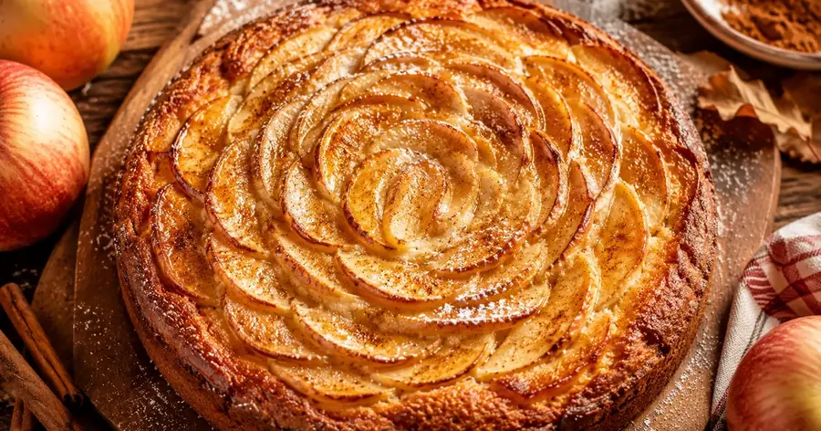 Pastel de manzana casero recién horneado sobre tabla de madera | Academia Dulce